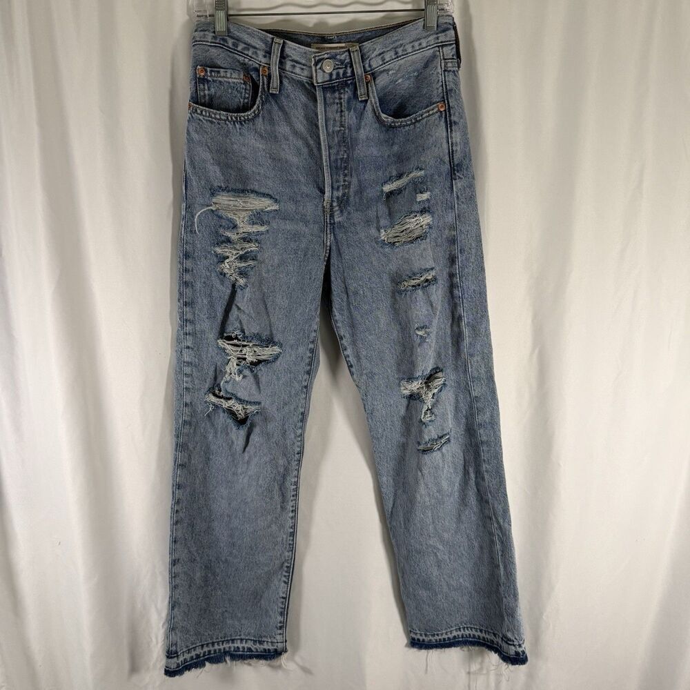 Levis Ribcage Straight Ankle Jeans Womens 27 Light Wash Blue Button Fly Distress